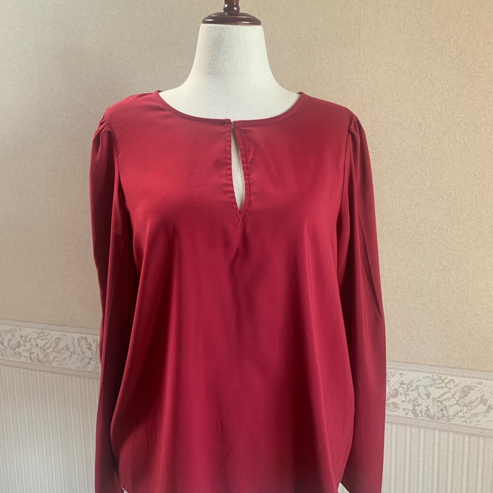 Express Deep Red Long Sleeve Blouse with Keyhole Neckline. Size Large.